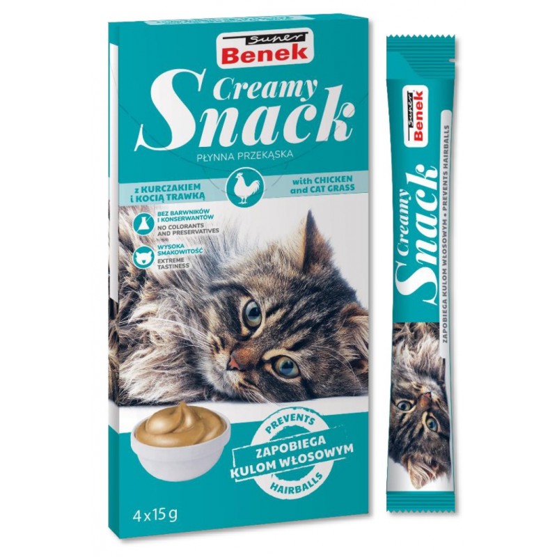 SUPER BENEK Creamy Snack - płynna przekąska dla kotów z kurczakiem i kocią trawką 4x 15g
